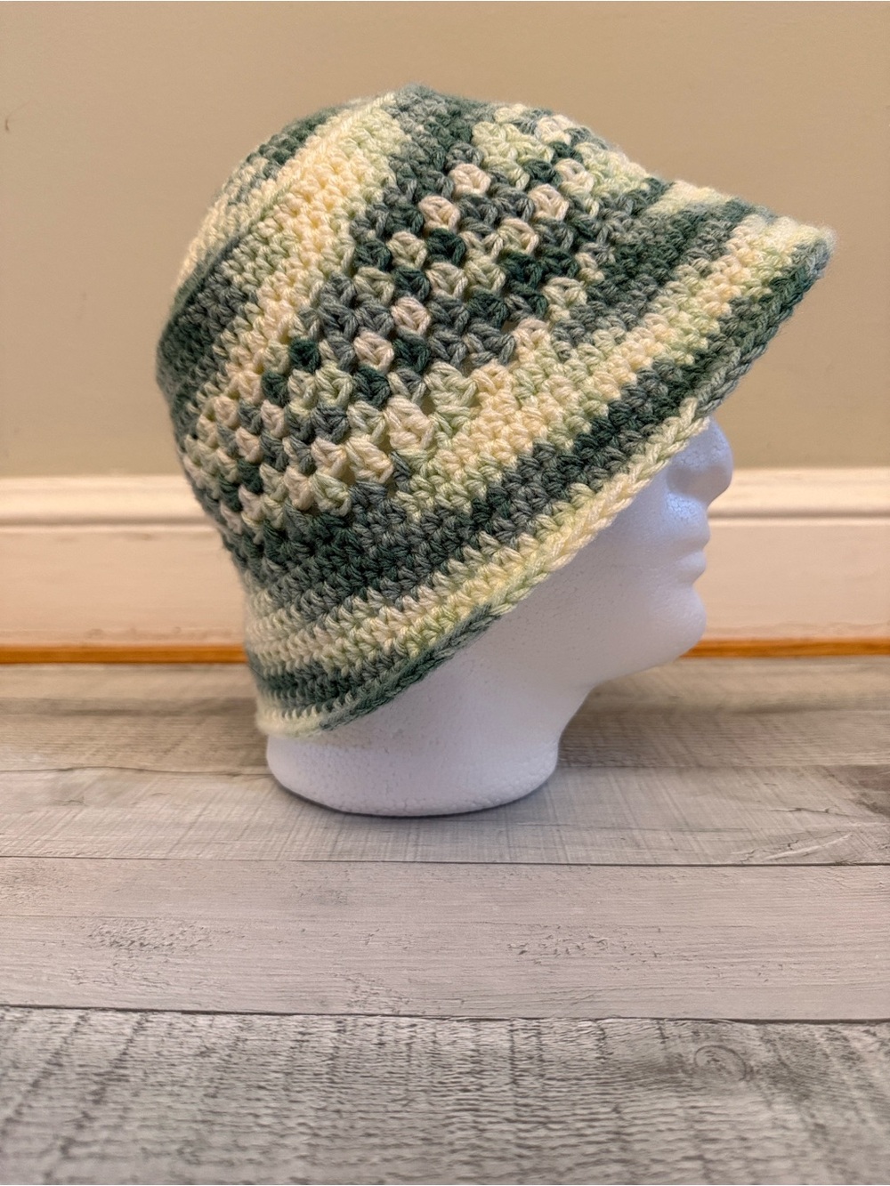 Handmade Crochet Bucket Hat in Green and Cream